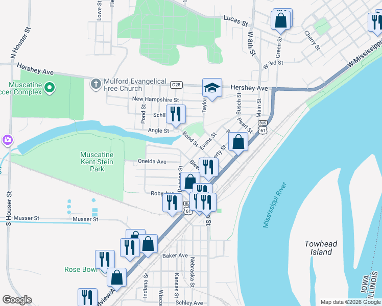 map of restaurants, bars, coffee shops, grocery stores, and more near 418 Bond Street in Muscatine