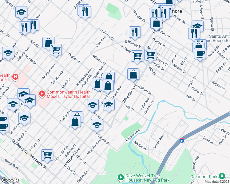 map of restaurants, bars, coffee shops, grocery stores, and more near 1049 Prescott Avenue in Scranton
