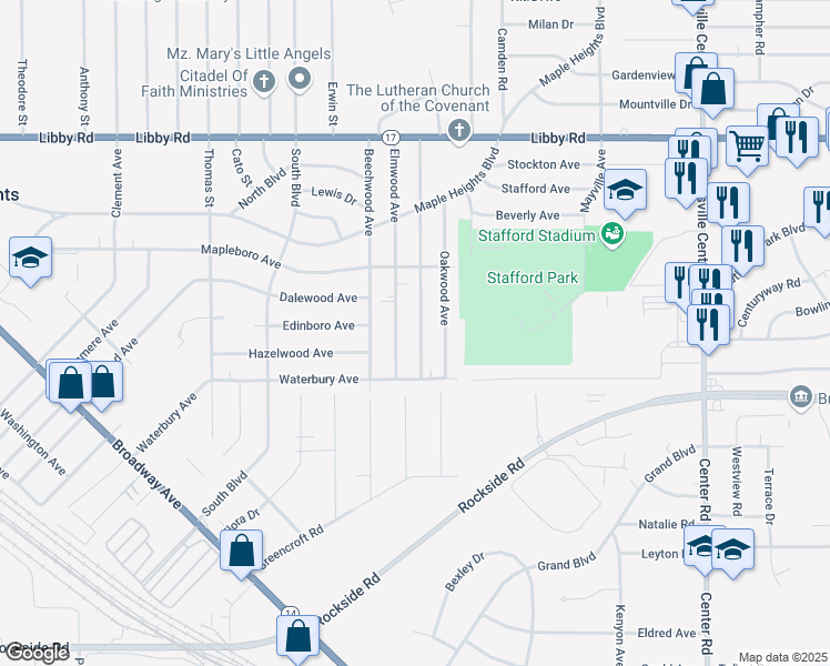 map of restaurants, bars, coffee shops, grocery stores, and more near 5530 Hollywood Avenue in Maple Heights
