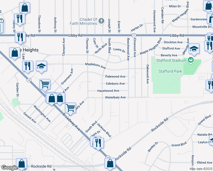 map of restaurants, bars, coffee shops, grocery stores, and more near 18100 Edinboro Avenue in Maple Heights