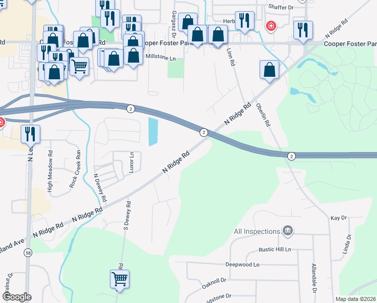 map of restaurants, bars, coffee shops, grocery stores, and more near 45390 North Ridge Road in Amherst