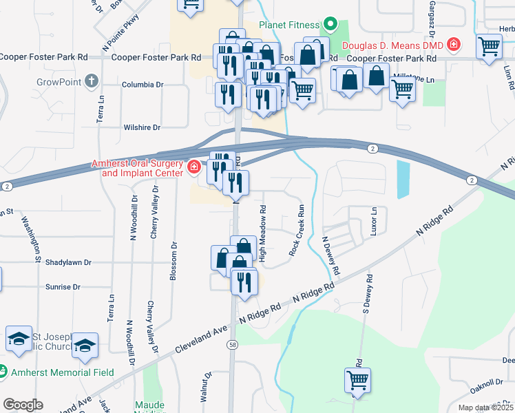 map of restaurants, bars, coffee shops, grocery stores, and more near 496 High Meadow Road in Amherst