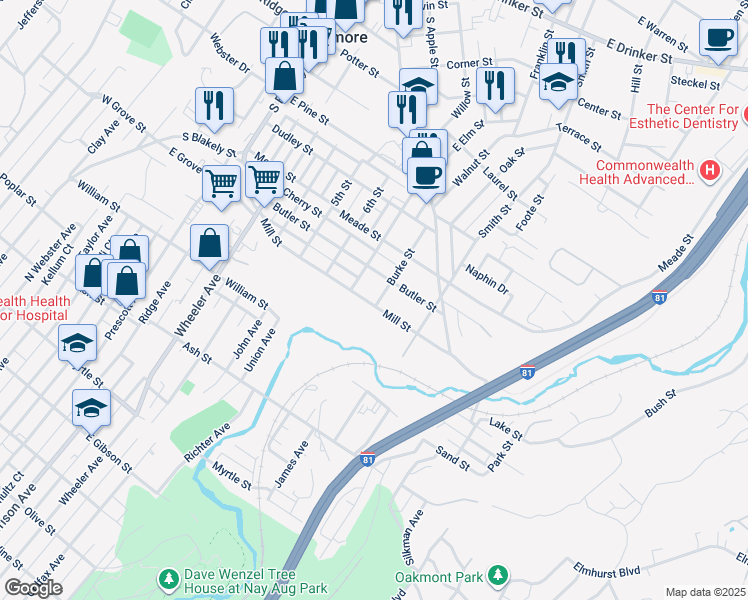 map of restaurants, bars, coffee shops, grocery stores, and more near 715 Butler Street in Dunmore
