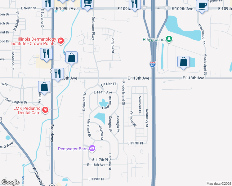 map of restaurants, bars, coffee shops, grocery stores, and more near East 114th Avenue in Crown Point