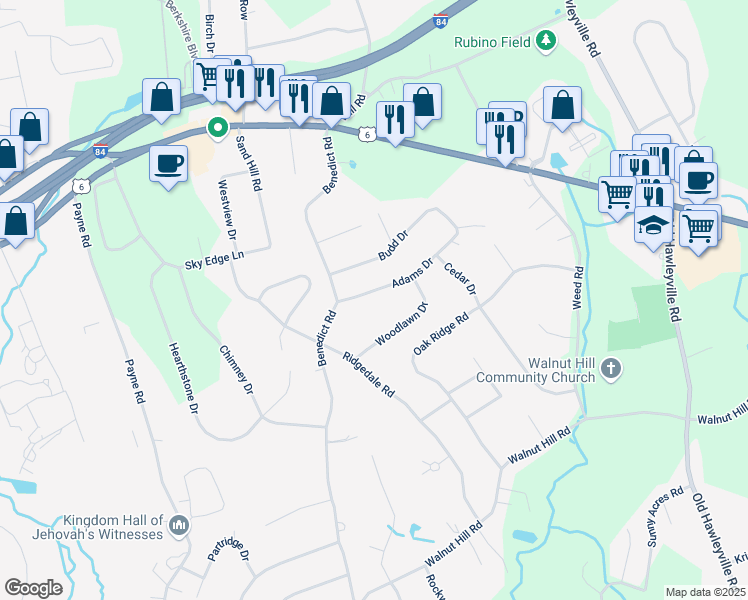 map of restaurants, bars, coffee shops, grocery stores, and more near 6 Adams Drive in Bethel