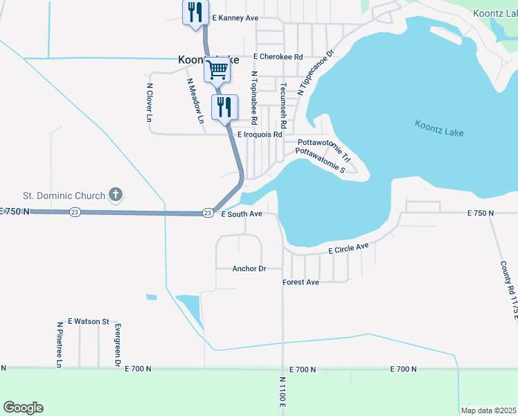 map of restaurants, bars, coffee shops, grocery stores, and more near 10988 East South Avenue in Walkerton