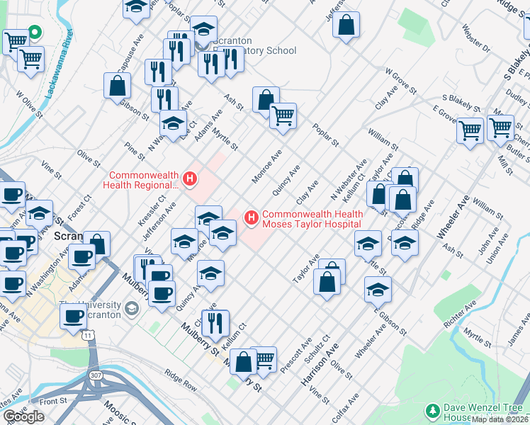 map of restaurants, bars, coffee shops, grocery stores, and more near 823 Quincy Avenue in Scranton