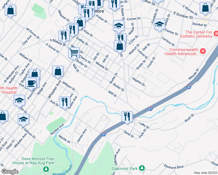 map of restaurants, bars, coffee shops, grocery stores, and more near 605 Burke Street in Dunmore