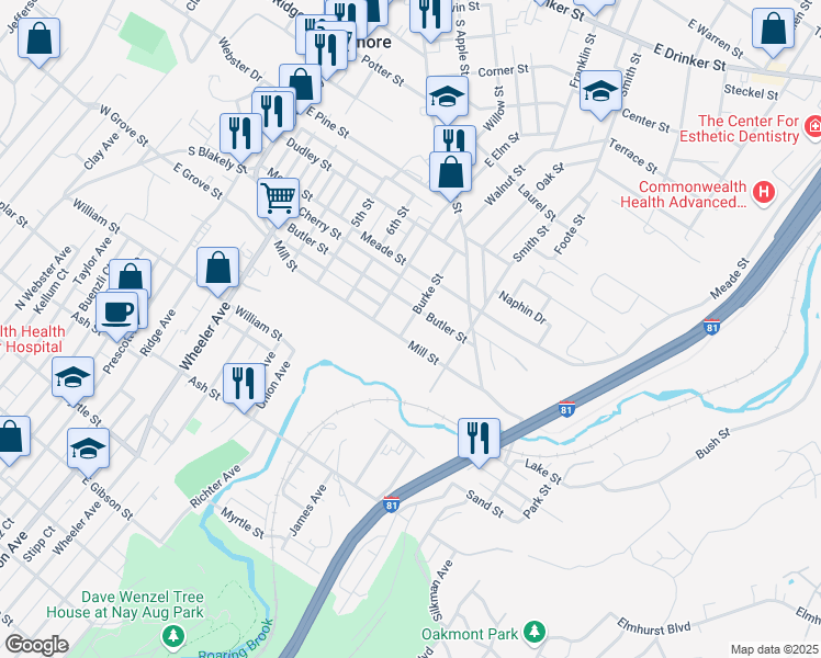 map of restaurants, bars, coffee shops, grocery stores, and more near 605 Burke Street in Dunmore