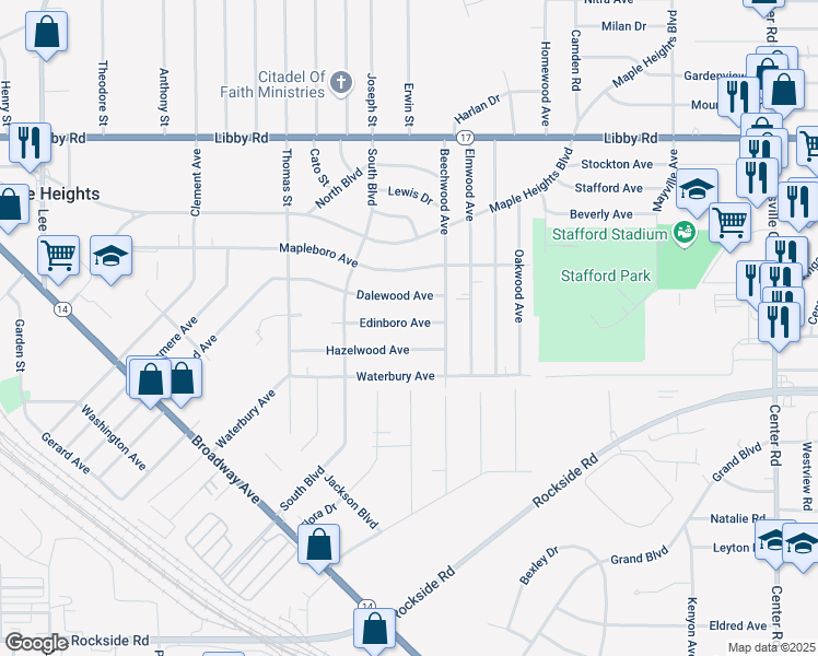 map of restaurants, bars, coffee shops, grocery stores, and more near 18216 Dalewood Avenue in Maple Heights