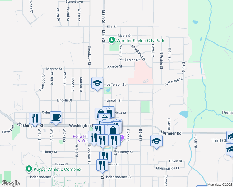 map of restaurants, bars, coffee shops, grocery stores, and more near 511 Jefferson Street in Pella
