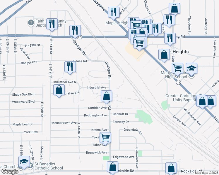 map of restaurants, bars, coffee shops, grocery stores, and more near Granger Rd & Dunham Rd in Maple Heights