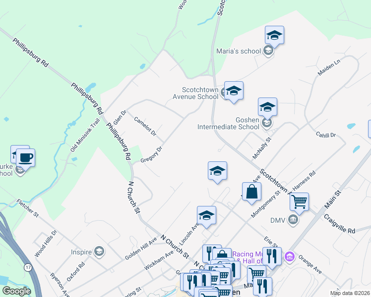 map of restaurants, bars, coffee shops, grocery stores, and more near 21 Gregory Drive in Goshen