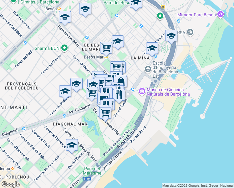 map of restaurants, bars, coffee shops, grocery stores, and more near 8 Avinguda Diagonal in Barcelona