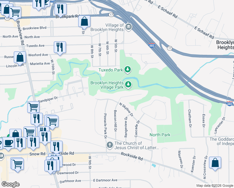 map of restaurants, bars, coffee shops, grocery stores, and more near 5530 Beacon Hill Drive in Seven Hills