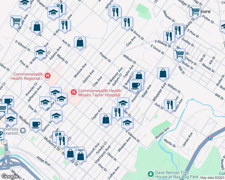 map of restaurants, bars, coffee shops, grocery stores, and more near 946 North Webster Avenue in Scranton