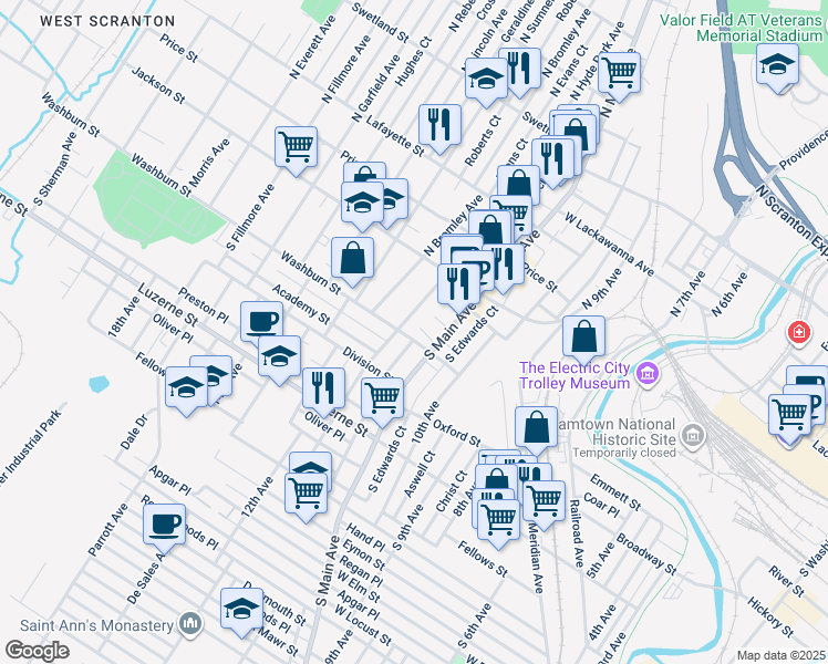 map of restaurants, bars, coffee shops, grocery stores, and more near 141 South Hyde Park Avenue in Scranton