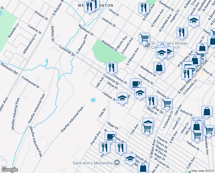 map of restaurants, bars, coffee shops, grocery stores, and more near 408 17th Avenue in Scranton