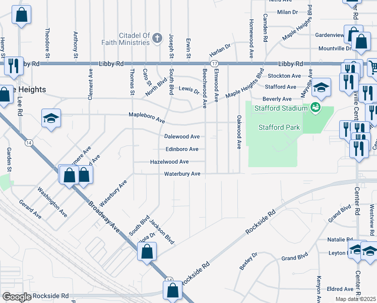 map of restaurants, bars, coffee shops, grocery stores, and more near 18216 Dalewood Avenue in Maple Heights