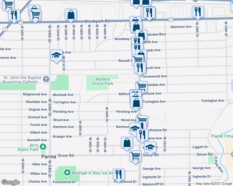 map of restaurants, bars, coffee shops, grocery stores, and more near 4215 Walter Avenue in Parma