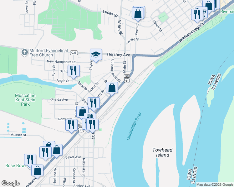 map of restaurants, bars, coffee shops, grocery stores, and more near 202 Reed Street in Muscatine