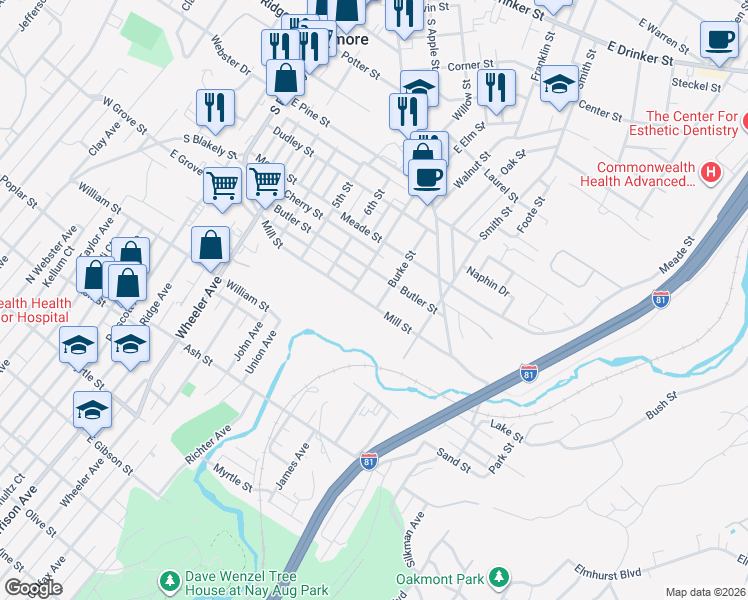 map of restaurants, bars, coffee shops, grocery stores, and more near 610-698 West Elm Street in Dunmore