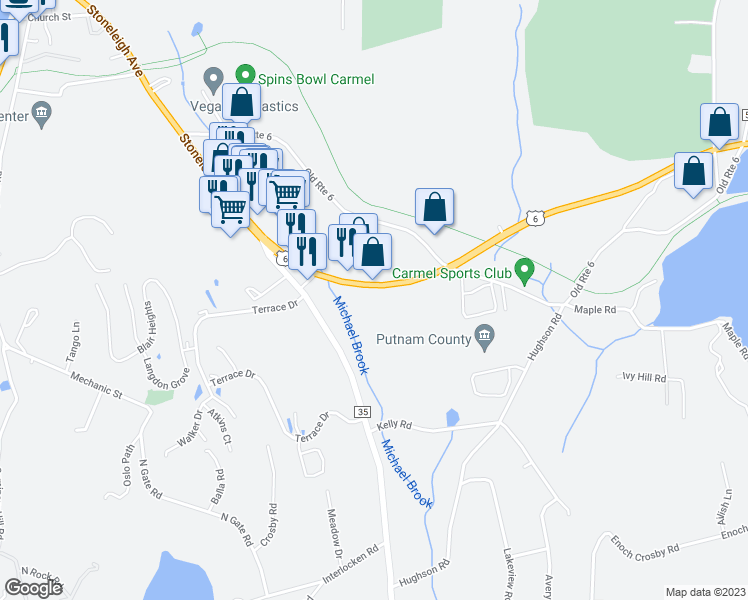 map of restaurants, bars, coffee shops, grocery stores, and more near 1961 U.S. 6 in Carmel
