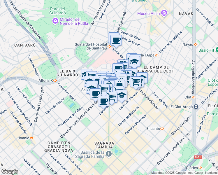 map of restaurants, bars, coffee shops, grocery stores, and more near 167 Carrer de Sant Antoni Maria Claret in Barcelona