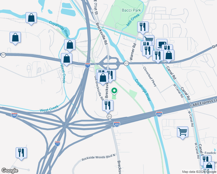map of restaurants, bars, coffee shops, grocery stores, and more near 5555 Brecksville Road in Independence
