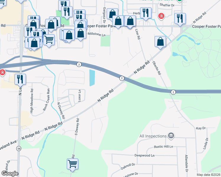 map of restaurants, bars, coffee shops, grocery stores, and more near 45390 North Ridge Road in Amherst