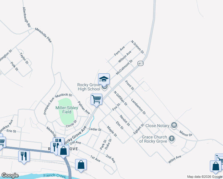 map of restaurants, bars, coffee shops, grocery stores, and more near Rocky Grove Avenue in Franklin
