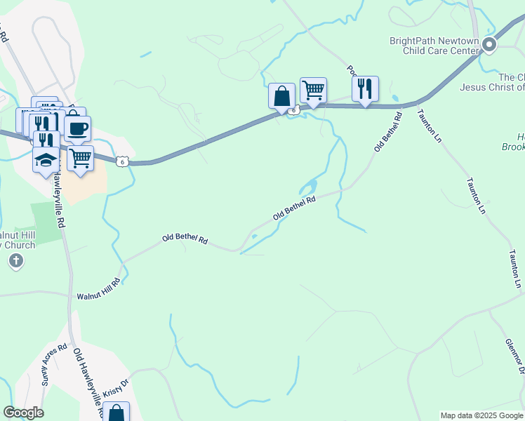 map of restaurants, bars, coffee shops, grocery stores, and more near 28 Old Bethel Road in Newtown