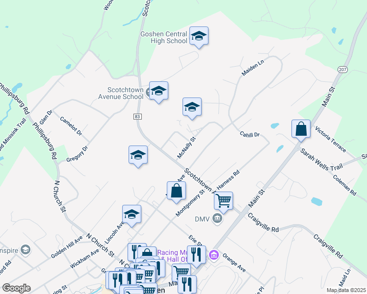 map of restaurants, bars, coffee shops, grocery stores, and more near 5 Crescent Drive in Goshen