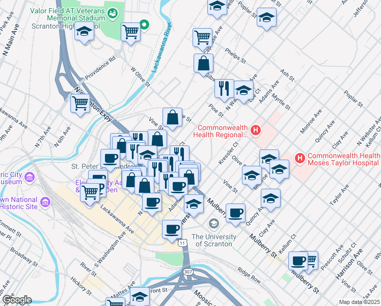 map of restaurants, bars, coffee shops, grocery stores, and more near in Scranton