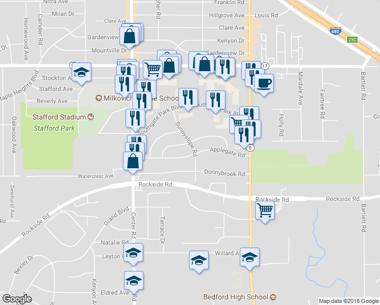 map of restaurants, bars, coffee shops, grocery stores, and more near 20683 Applegate Road in Maple Heights