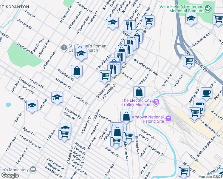 map of restaurants, bars, coffee shops, grocery stores, and more near 1024 Jackson Street in Scranton