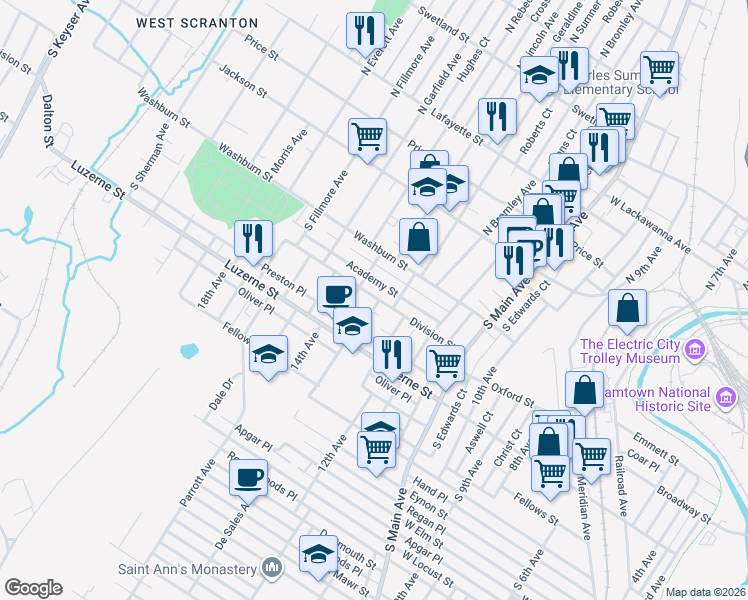 map of restaurants, bars, coffee shops, grocery stores, and more near 1309 Academy Street in Scranton