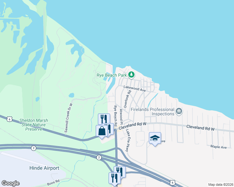 map of restaurants, bars, coffee shops, grocery stores, and more near 108 Rye Beach Road in Huron