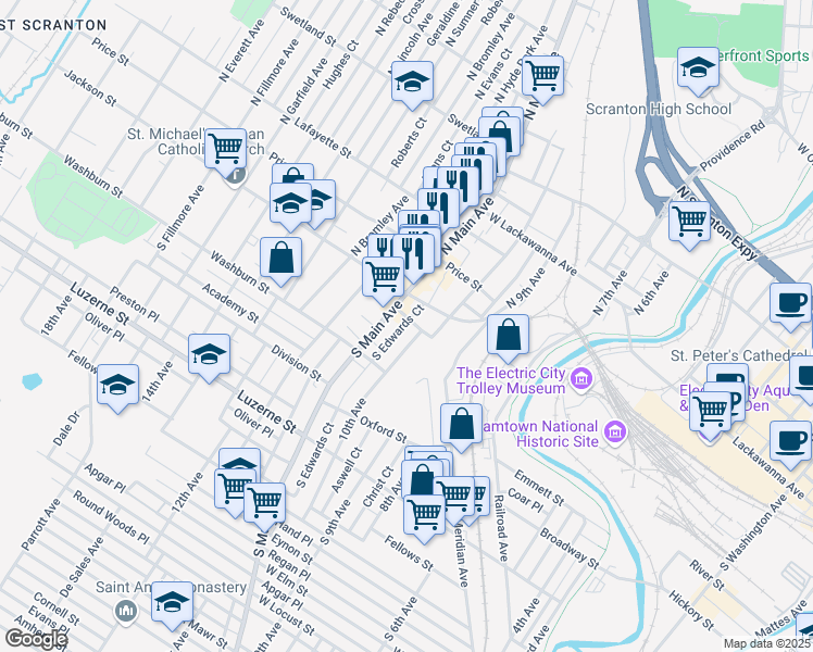 map of restaurants, bars, coffee shops, grocery stores, and more near 1024 Jackson Street in Scranton