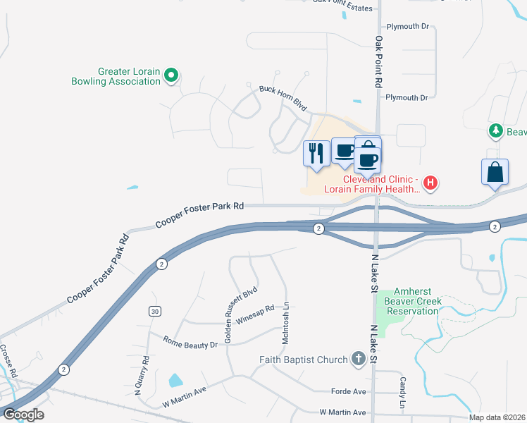 map of restaurants, bars, coffee shops, grocery stores, and more near 47840 Cooper Foster Park Road in Amherst