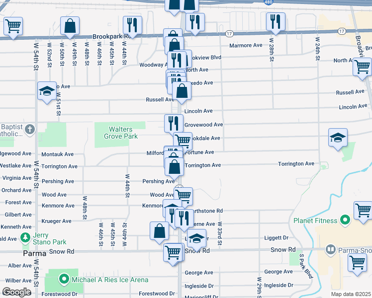 map of restaurants, bars, coffee shops, grocery stores, and more near 3435 Brookdale Avenue in Parma