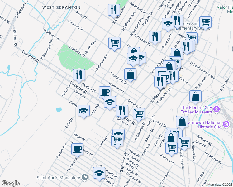 map of restaurants, bars, coffee shops, grocery stores, and more near 1309 Academy Street in Scranton