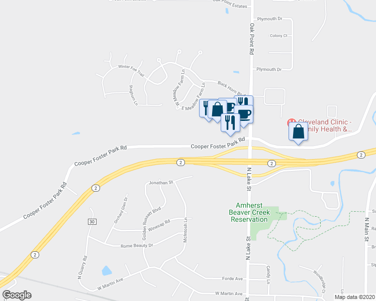 map of restaurants, bars, coffee shops, grocery stores, and more near 47655 Cooper Foster Park Road in Amherst