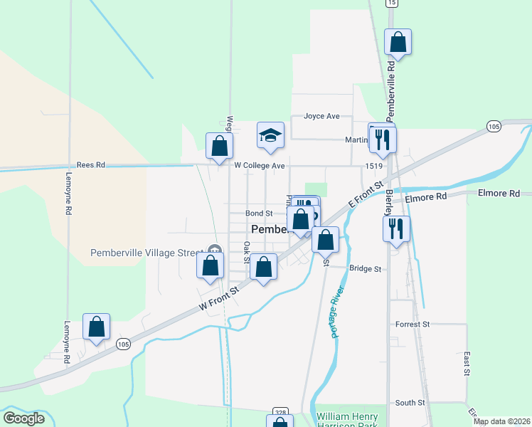 map of restaurants, bars, coffee shops, grocery stores, and more near 199 Bond Street in Pemberville