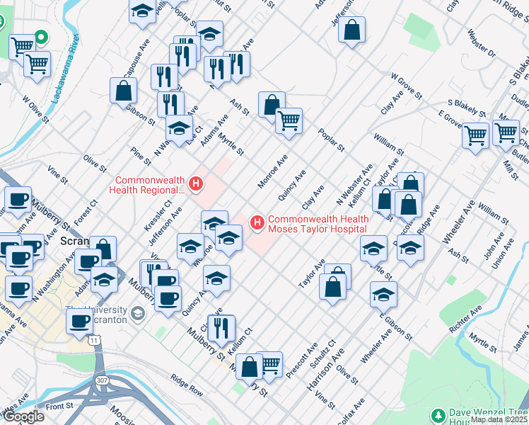 map of restaurants, bars, coffee shops, grocery stores, and more near 823 Quincy Avenue in Scranton
