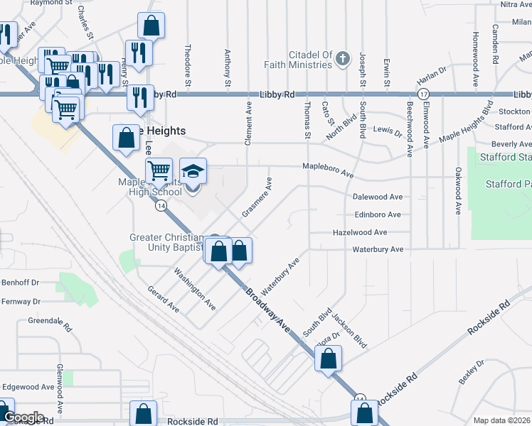 map of restaurants, bars, coffee shops, grocery stores, and more near 5483 Grasmere Avenue in Maple Heights