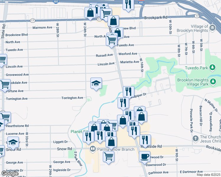 map of restaurants, bars, coffee shops, grocery stores, and more near 2007 Brookdale Avenue in Parma