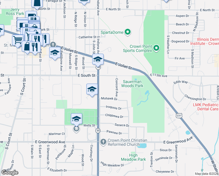map of restaurants, bars, coffee shops, grocery stores, and more near 445 Concord Avenue in Crown Point