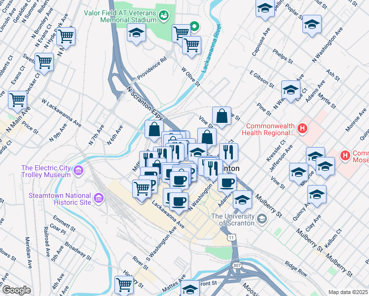 map of restaurants, bars, coffee shops, grocery stores, and more near 222 Mulberry Street in Scranton