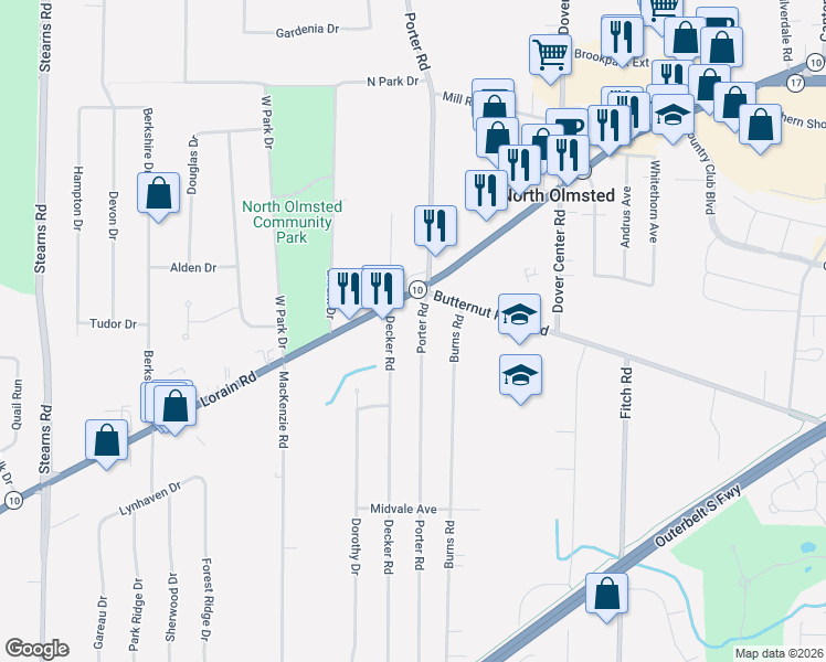 map of restaurants, bars, coffee shops, grocery stores, and more near 5357 Porter Road in North Olmsted